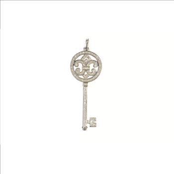 14K Diamond Encrusted Ornate Skeleton Key White Gold Pendant