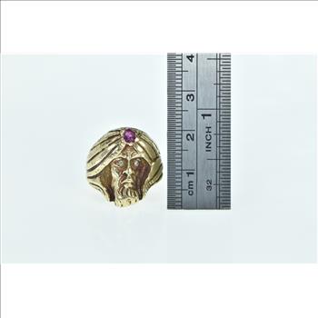 14K Diamond Eyed Ruby Turban Jafar Statement Yellow Gold Ring, Size 4.25