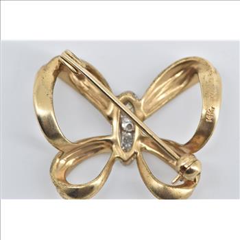 14K Diamond Inset Vintage Bow Ribbon Yellow Gold Pendant/Pin