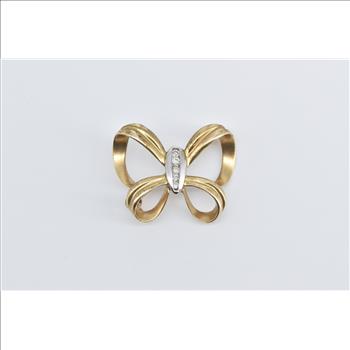 14K Diamond Inset Vintage Bow Ribbon Yellow Gold Pendant/Pin