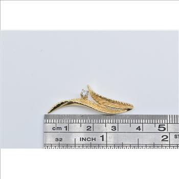 14K Diamond Leaf Curved Palm Frond Drop Yellow Gold Pendant