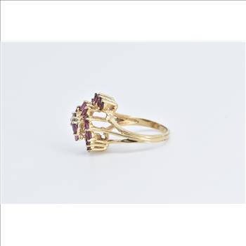 14K Diamond Marquise Natural Ruby Spiral Cluster Yellow Gold Ring, Size 8.25