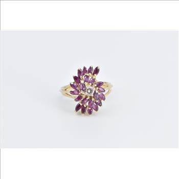 14K Diamond Marquise Natural Ruby Spiral Cluster Yellow Gold Ring, Size 8.25