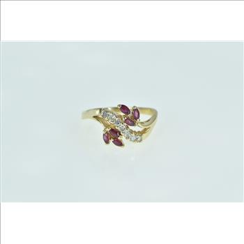 14K Diamond Marquise Ruby Wavy Cluster Yellow Gold Ring, Size 8.25