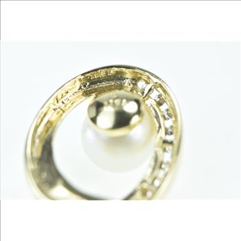 14K Diamond Oval 7.8mm Pearl Loop Statement Yellow Gold Pendant