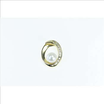 14K Diamond Oval 7.8mm Pearl Loop Statement Yellow Gold Pendant