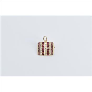 14K Diamond Ruby Vintage Striped Statement Square Yellow Gold Pendant/Pin