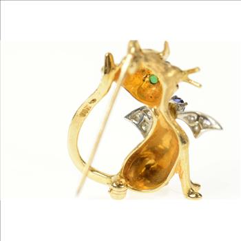 14K Diamond Sapphire Emerald Cat Kitty Retro Yellow Gold Pin/Brooch
