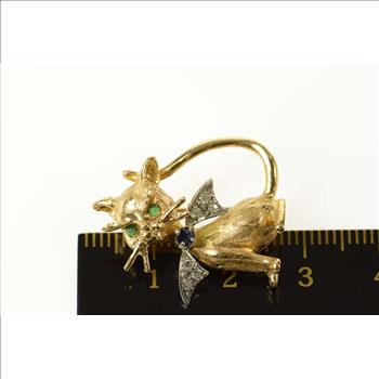 14K Diamond Sapphire Emerald Cat Kitty Retro Yellow Gold Pin/Brooch
