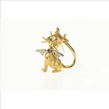 14K Diamond Sapphire Emerald Cat Kitty Retro Yellow Gold Pin/Brooch