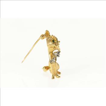 14K Diamond Sapphire Emerald Cat Kitty Retro Yellow Gold Pin/Brooch