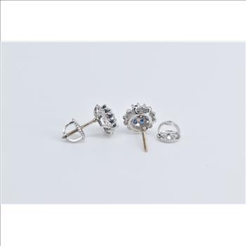 14K Diamond Sapphire Flower Halo Cluster Stud White Gold Earrings