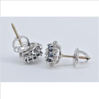 14K Diamond Sapphire Flower Halo Cluster Stud White Gold Earrings
