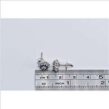 14K Diamond Sapphire Flower Halo Cluster Stud White Gold Earrings