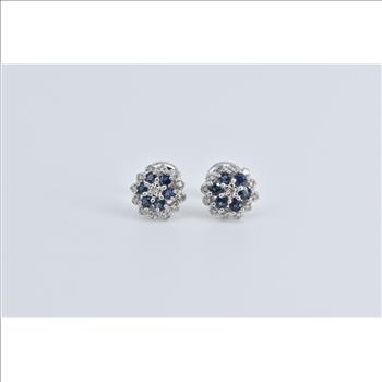 14K Diamond Sapphire Flower Halo Cluster Stud White Gold Earrings