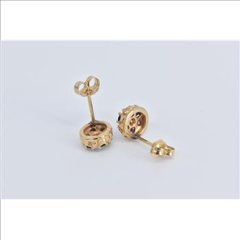 14K Diamond Sapphire Halo Flower Stud Vintage Yellow Gold Earrings