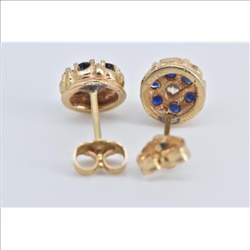 14K Diamond Sapphire Halo Flower Stud Vintage Yellow Gold Earrings