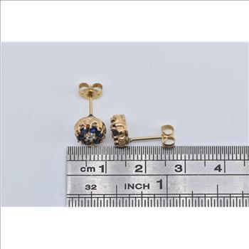 14K Diamond Sapphire Halo Flower Stud Vintage Yellow Gold Earrings