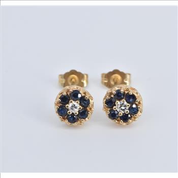 14K Diamond Sapphire Halo Flower Stud Vintage Yellow Gold Earrings