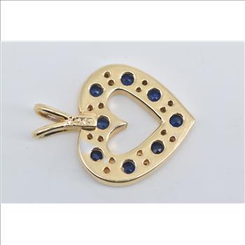 14K Diamond Sapphire Heart Love Symbol Yellow Gold Pendant