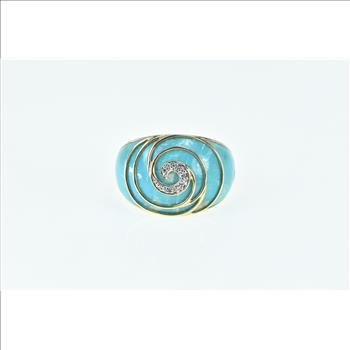 14K Diamond Turquoise Swirl Spiral Domed Yellow Gold Pin/Brooch, Size 9.25