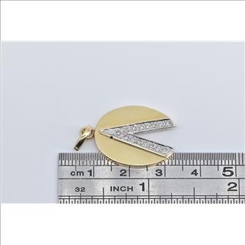 14K Diamond V Chevron Split Oval Vintage Fashion Yellow Gold Pendant