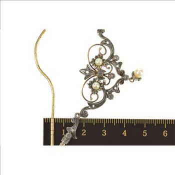 14K Edwardian Diamond Pearl Scroll Pendant Yellow Gold Necklace 16.25