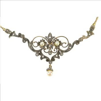 14K Edwardian Diamond Pearl Scroll Pendant Yellow Gold Necklace 16.25