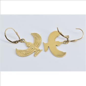 14K Egyptian Isis Goddess Dangle Lever Back Yellow Gold Earrings