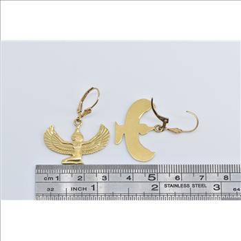 14K Egyptian Isis Goddess Dangle Lever Back Yellow Gold Earrings