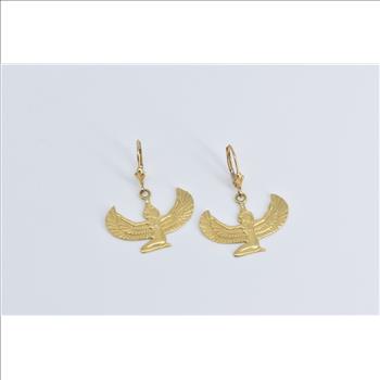 14K Egyptian Isis Goddess Dangle Lever Back Yellow Gold Earrings