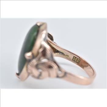 14K Egyptian Revival Ornate Green Stone Swirl Rose Gold Ring, Size 5.5