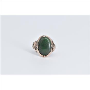 14K Egyptian Revival Ornate Green Stone Swirl Rose Gold Ring, Size 5.5