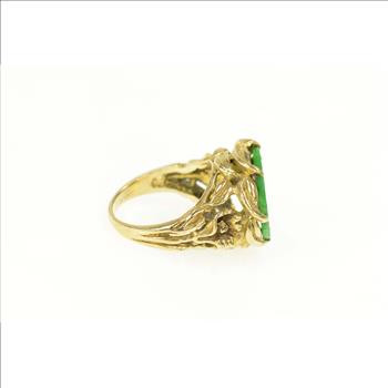 14K Elaborate Carved Jade Circle Calla Lily Yellow Gold Ring, Size 6.75