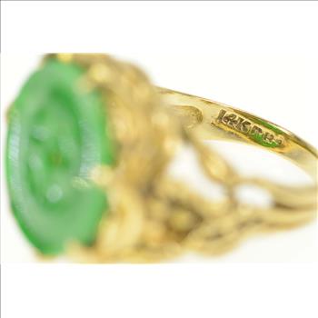 14K Elaborate Carved Jade Circle Calla Lily Yellow Gold Ring, Size 6.75