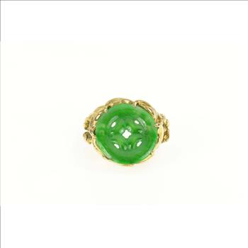 14K Elaborate Carved Jade Circle Calla Lily Yellow Gold Ring, Size 6.75