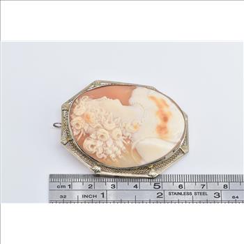 14K Elaborate Carved Shell Cameo Filigree White Gold Pendant/Pin