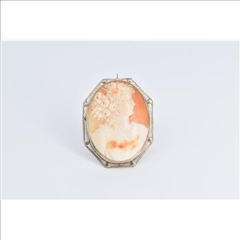 14K Elaborate Carved Shell Cameo Filigree White Gold Pendant/Pin