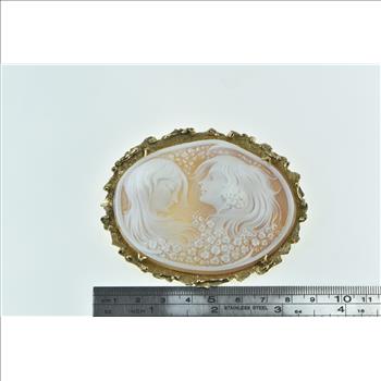14K Elaborate Huge Carved Shell Cameo Floral Ladies Yellow Gold Pin/Brooch