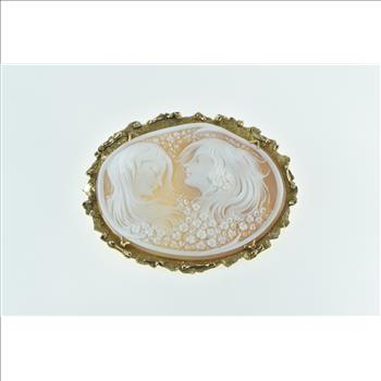 14K Elaborate Huge Carved Shell Cameo Floral Ladies Yellow Gold Pin/Brooch