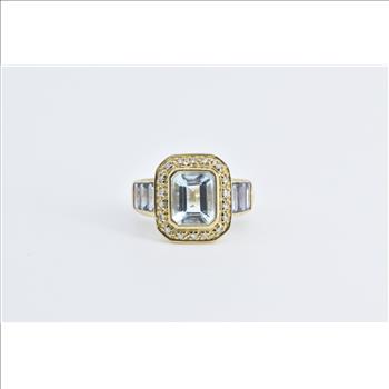 14K Emerald Blue Topaz Diamond Halo Tanzanite Yellow Gold Ring, Size 6.75