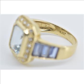 14K Emerald Blue Topaz Diamond Halo Tanzanite Yellow Gold Ring, Size 6.75