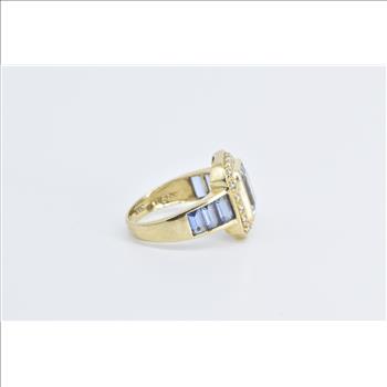 14K Emerald Blue Topaz Diamond Halo Tanzanite Yellow Gold Ring, Size 6.75