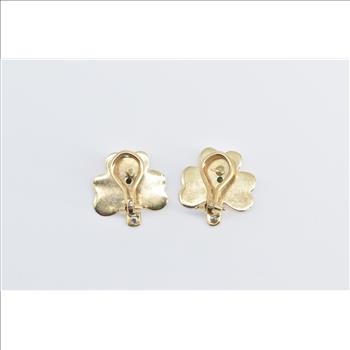 14K Emerald Clover Diamond Shamrock French Clip Yellow Gold Earrings