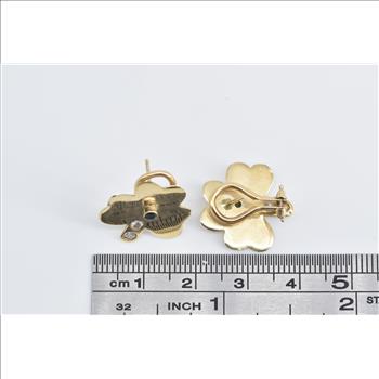 14K Emerald Clover Diamond Shamrock French Clip Yellow Gold Earrings