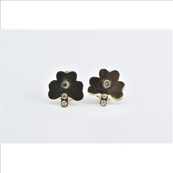 14K Emerald Clover Diamond Shamrock French Clip Yellow Gold Earrings