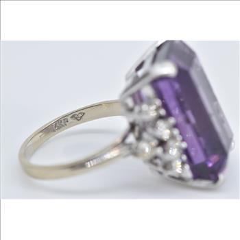 14K Emerald Cut Amethyst Diamond Accent Cocktail White Gold Ring, Size 3.75
