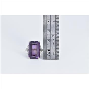 14K Emerald Cut Amethyst Diamond Accent Cocktail White Gold Ring, Size 3.75