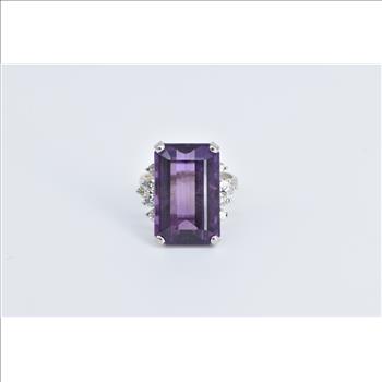 14K Emerald Cut Amethyst Diamond Accent Cocktail White Gold Ring, Size 3.75