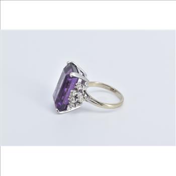 14K Emerald Cut Amethyst Diamond Accent Cocktail White Gold Ring, Size 3.75